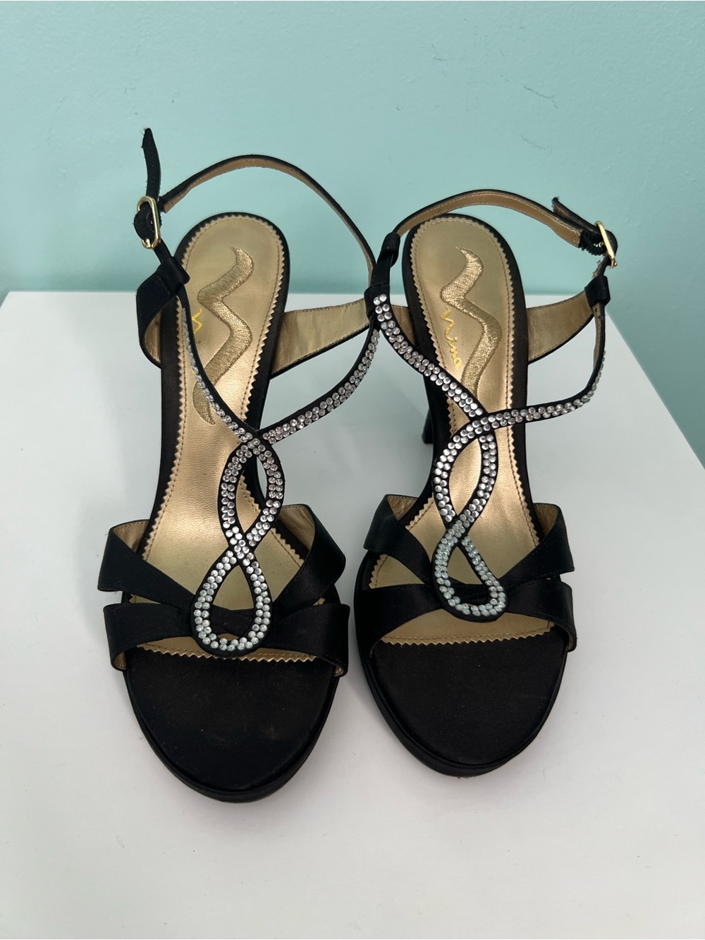 Nina Black Rhinestone T-Strap High Heel Sandals